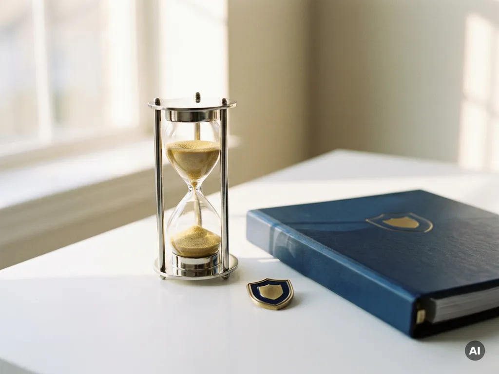 Silver hourglass with golden sand mid-flow beside a certification binder and shield emblem on a white desk.