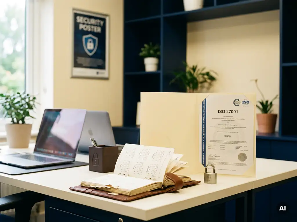 Abgenutzter Lederkalender neben einem ISO-27001-Zertifikat und Laptop auf einem modernen Büroschreibtisch mit kleinem Vorhängeschloss.