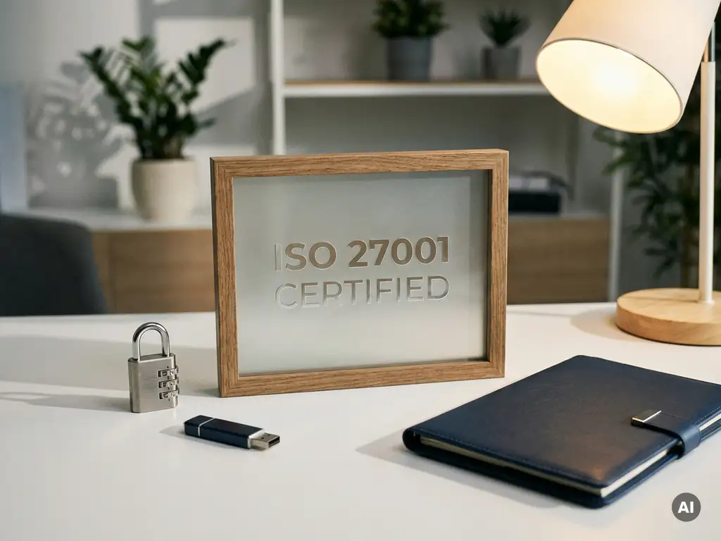 ISO 27001 Zertifikat auf modernem Schreibtisch, umgeben von Kombinationsschloss, USB-Stick und Ordner in kühlen Silber- und Marineblauen Tönen.