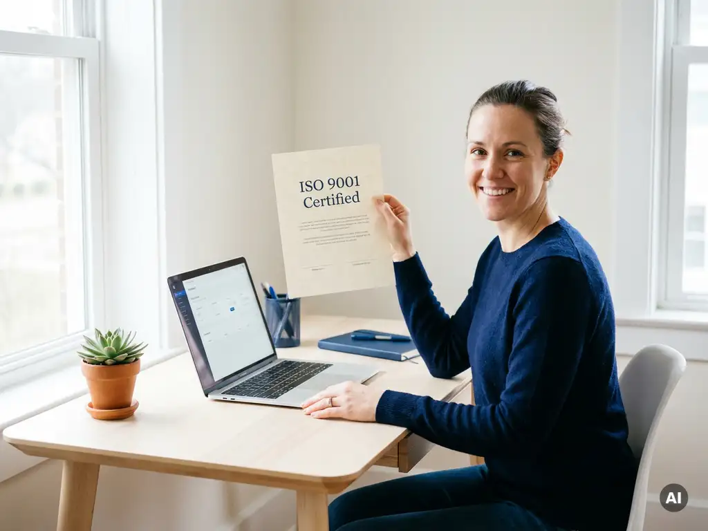Selbstständige hält frisch gedrucktes ISO-9001-Zertifikat am aufgeräumten Schreibtisch mit Laptop und Sukkulente.