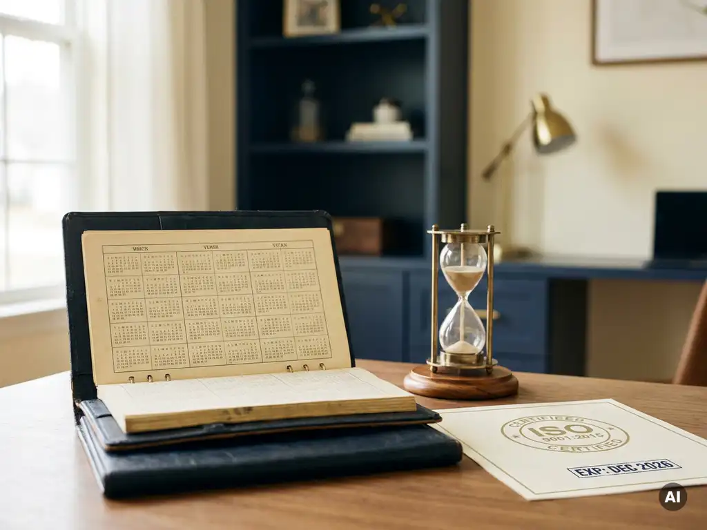 Aufgeschlagener Lederkalender mit dreijähriger Übersicht neben einem ISO-Zertifikat mit Ablaufdatum und kleiner Sanduhr auf modernem Schreibtisch.