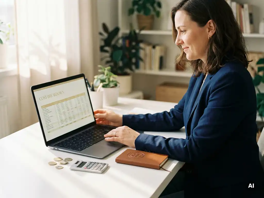Kleinunternehmer prüft Kostenkalkulation auf Laptop neben ISO-Zertifizierungssiegel, Euromünzen und Taschenrechner auf weißem Schreibtisch.
