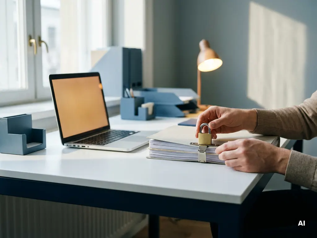 Selbstständige Person legt Sicherheitsschloss auf Dokumentenstapel am modernen Schreibtisch mit leuchtendem Laptop.