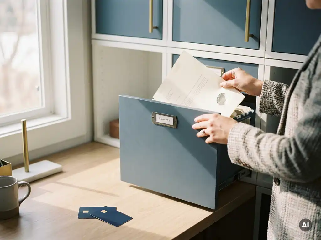 Selbstständige Person legt zertifiziertes Dokument in ein Ablagesystem, Sicherheitsausweis auf dem Schreibtisch, modernes Büro.
