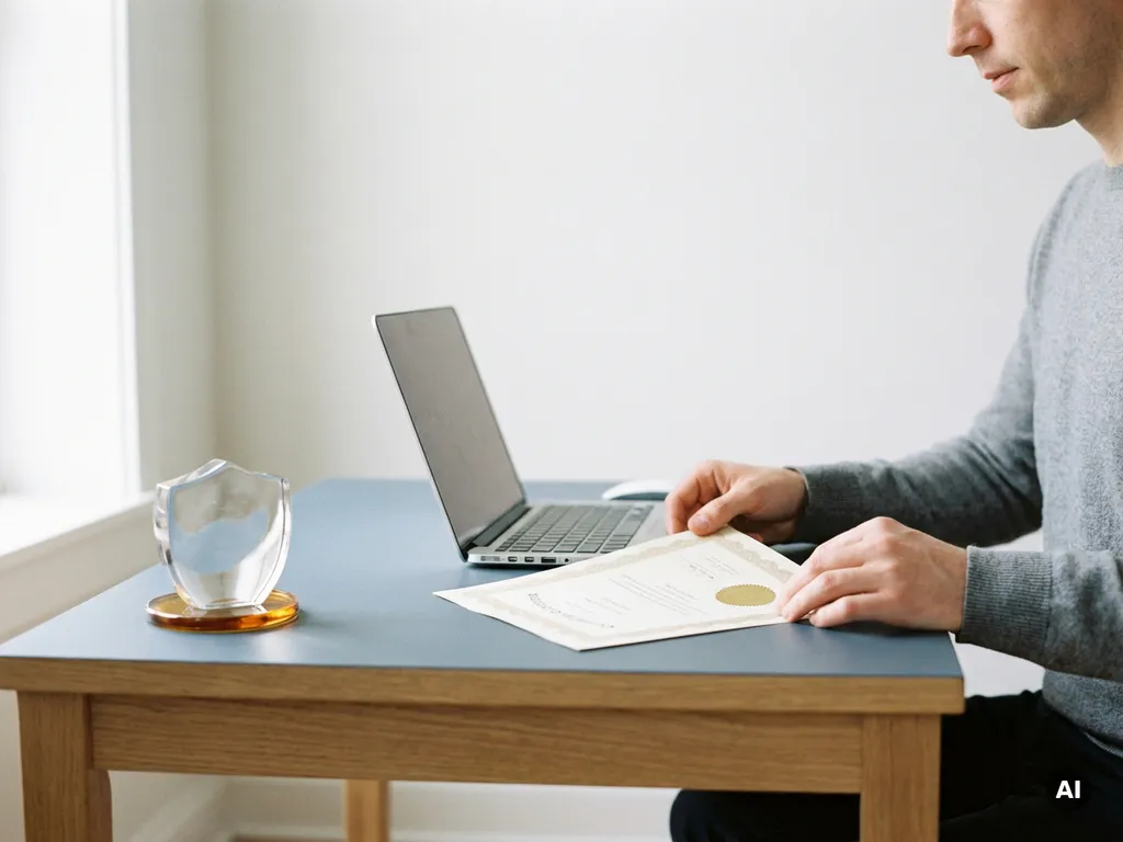 Selbstständige Person prüft Zertifizierungsdokument am aufgeräumten Schreibtisch mit Laptop und schildförmigem Briefbeschwerer.