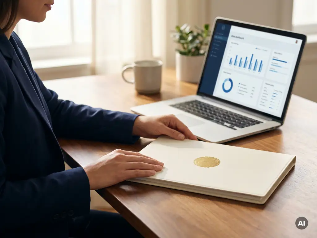 Selbstständige schließt Zertifizierungsmappe mit offiziellem Siegel auf modernem Schreibtisch, Laptop mit Dashboard im Hintergrund.