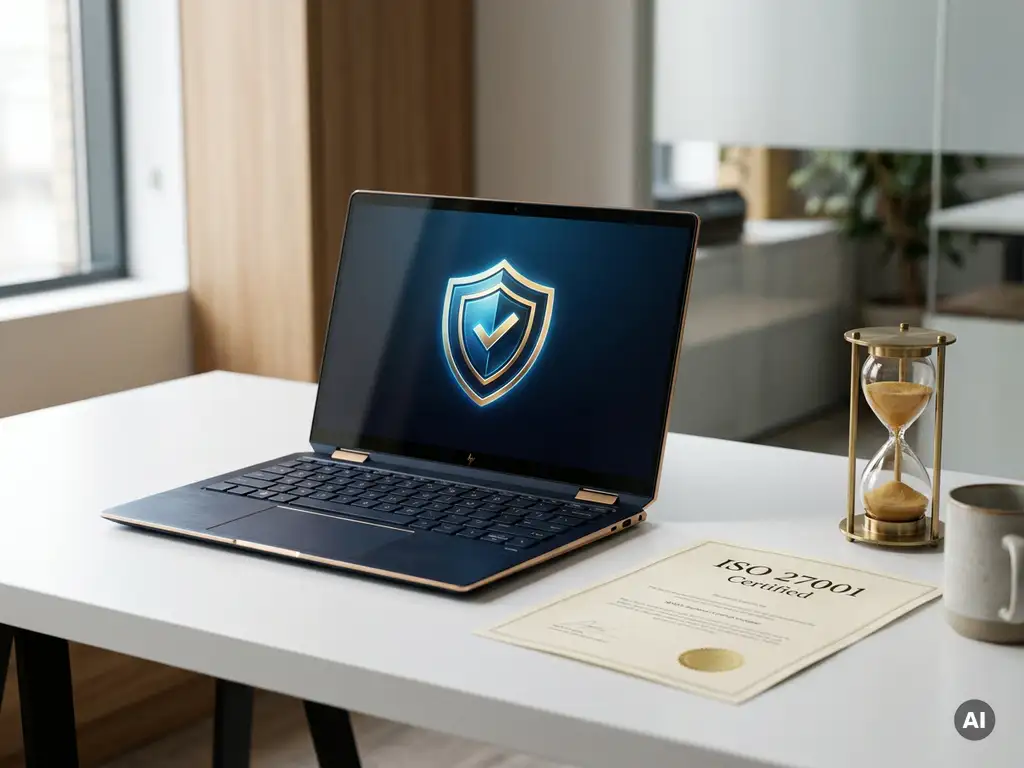 Laptop displaying a glowing security shield beside an ISO certification document on a minimalist white desk with an hourglass.