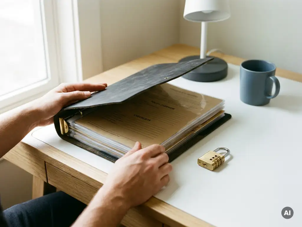 Leather-bound binder open to organized policy documents and checklists on a modern desk, with a combination padlock symbolizing information security.
