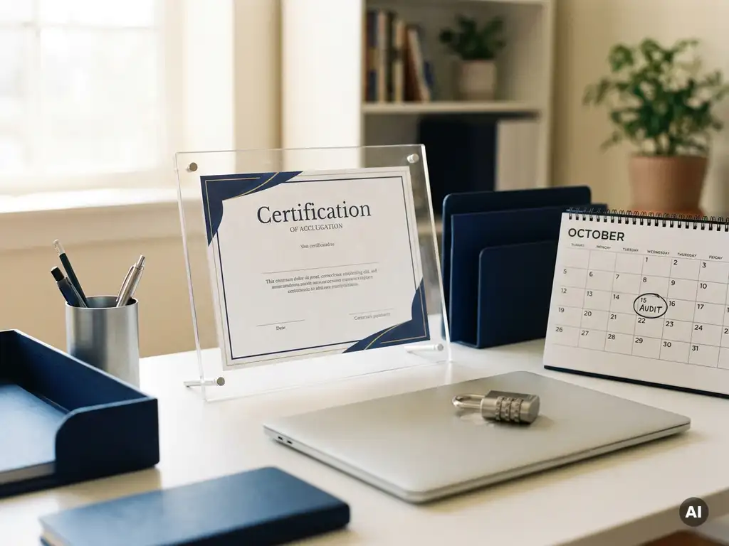 Framed certification document on a tidy desk beside a combination padlock, closed laptop, and open audit calendar in navy and silver tones.