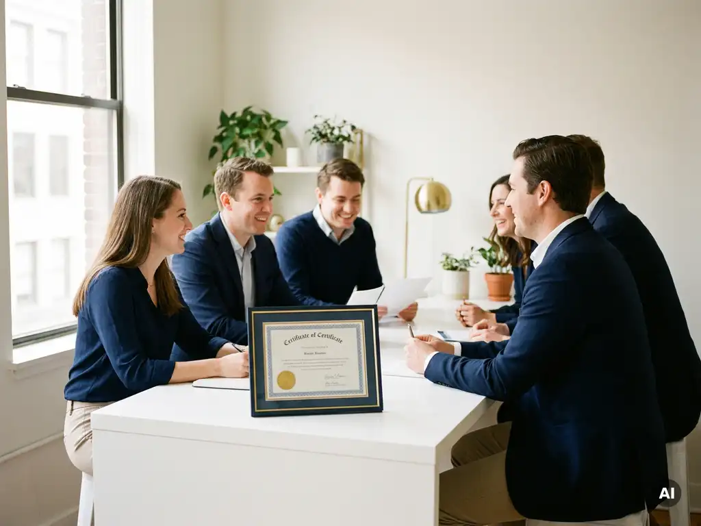 Small team collaborating around a desk with an official certification document bearing a gold embossed seal in a modern office.
