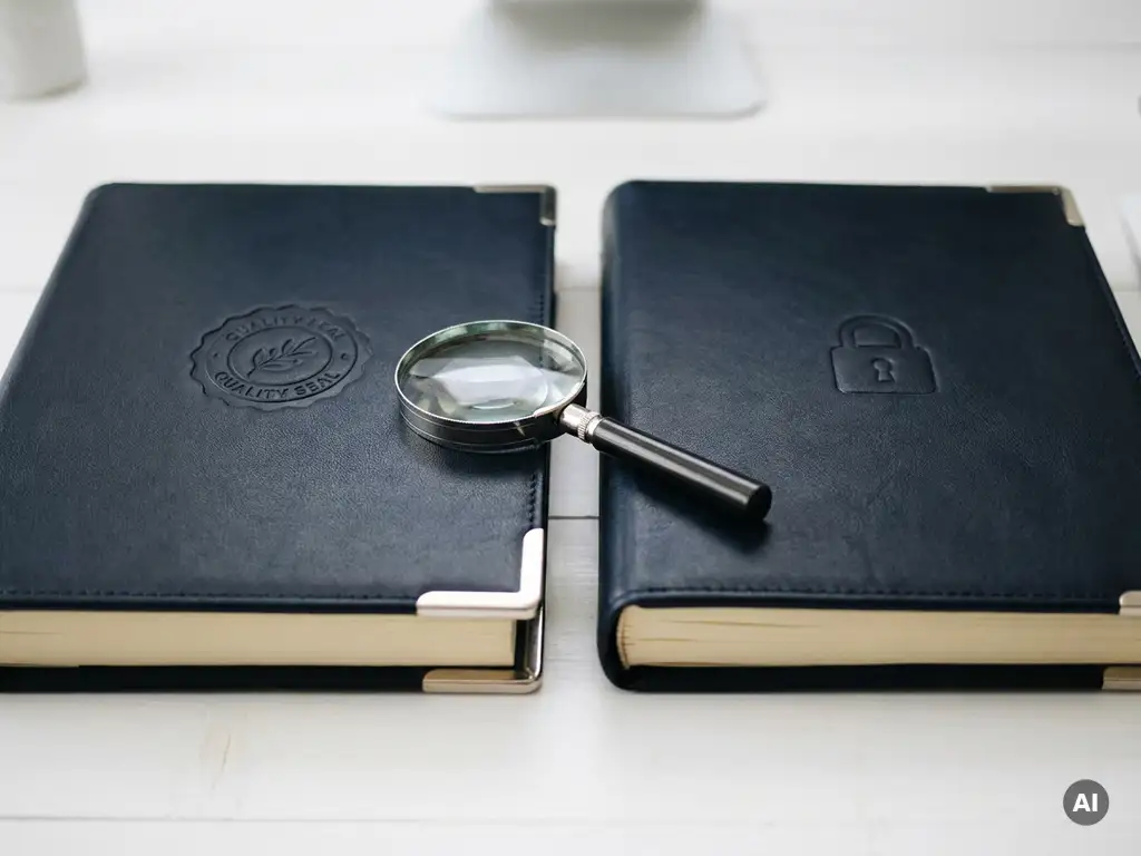 Zwei Premium-Hardcover-Ordner in Navy und Silber auf weißem Schreibtisch, einer mit Qualitätssiegel, einer mit Schloss-Symbol, Lupe dazwischen.