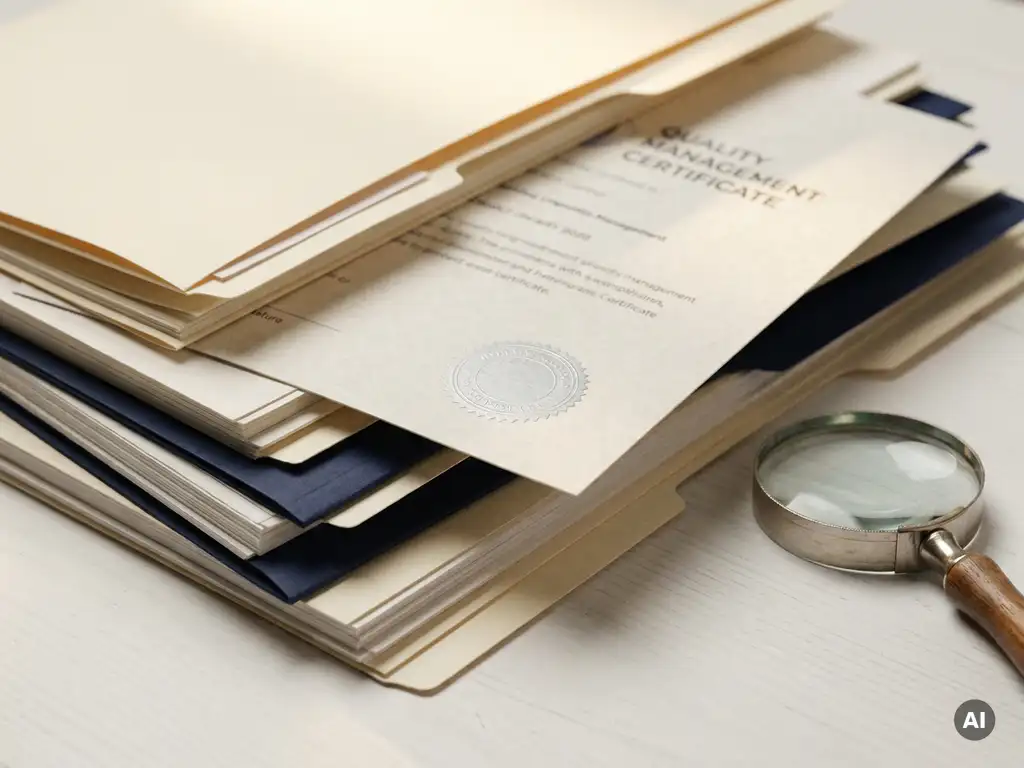 Quality management certificate on a stack of organized process documents beside a magnifying glass on a white desk.