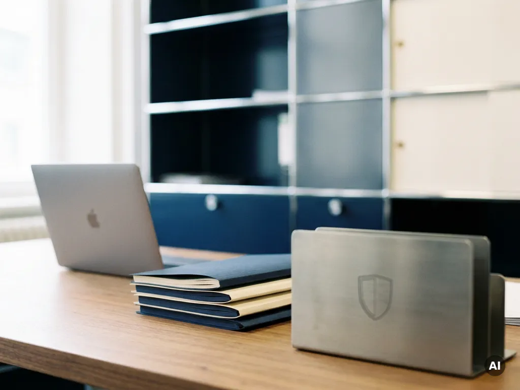 Modern desk with open laptop, document folders, and a metal accessory engraved with a security shield emblem in a calm professional office.