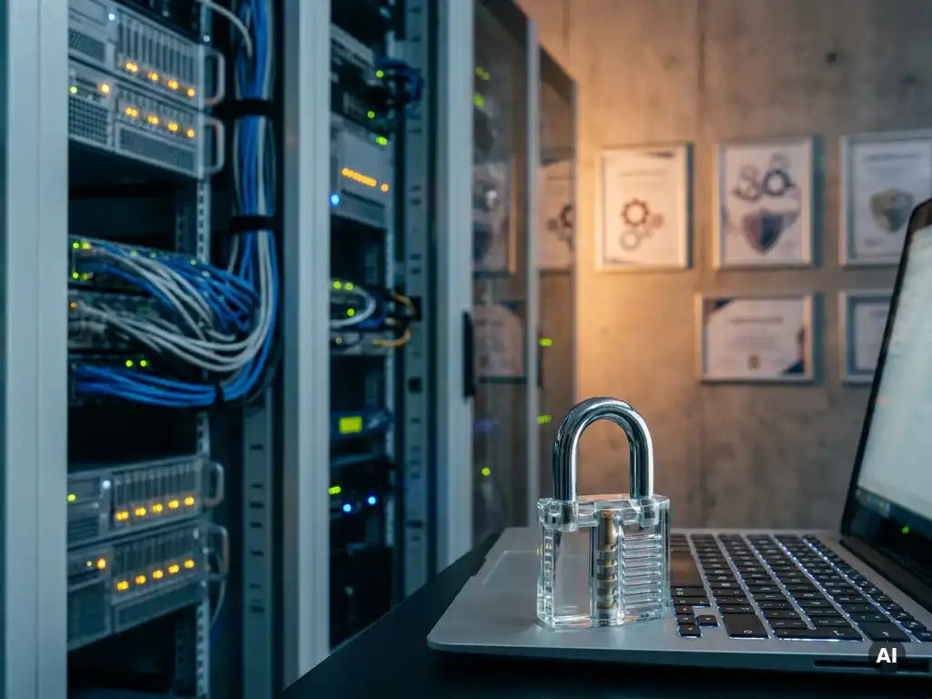 Transparentes Vorhängeschloss auf Laptop-Tastatur vor beleuchtetem Serverraum mit Zertifikaten an der Wand.
