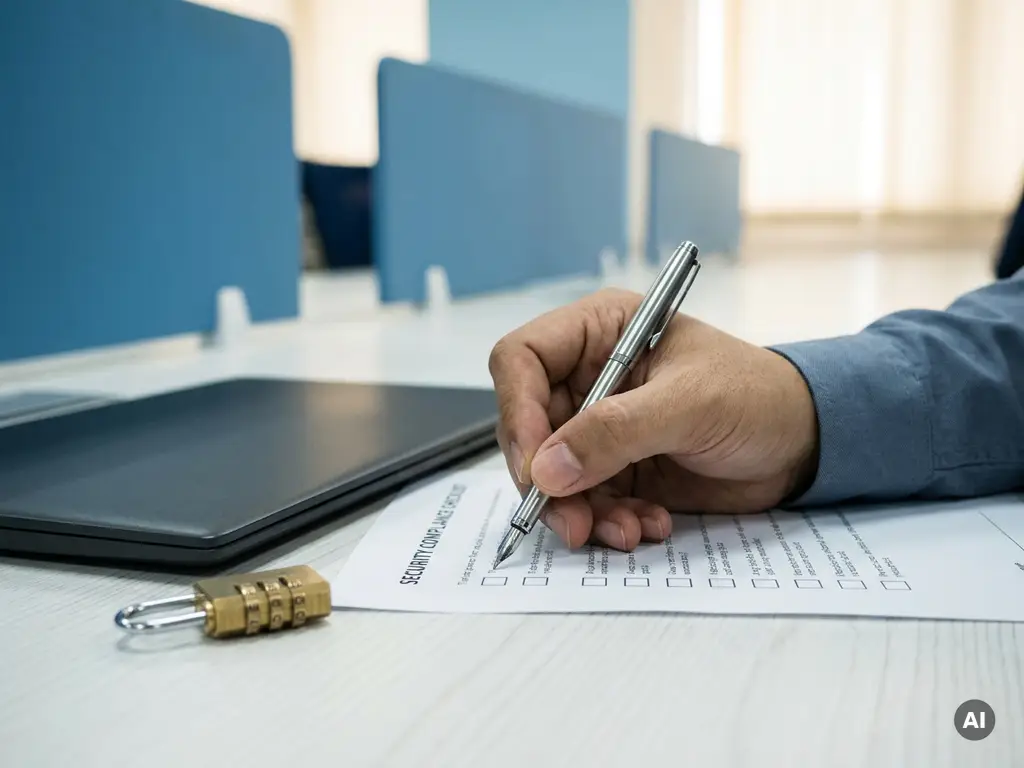 Auditor hält Stift über Sicherheits-Compliance-Checkliste auf weißem Schreibtisch, Laptop und Kombinationsschloss im Hintergrund.