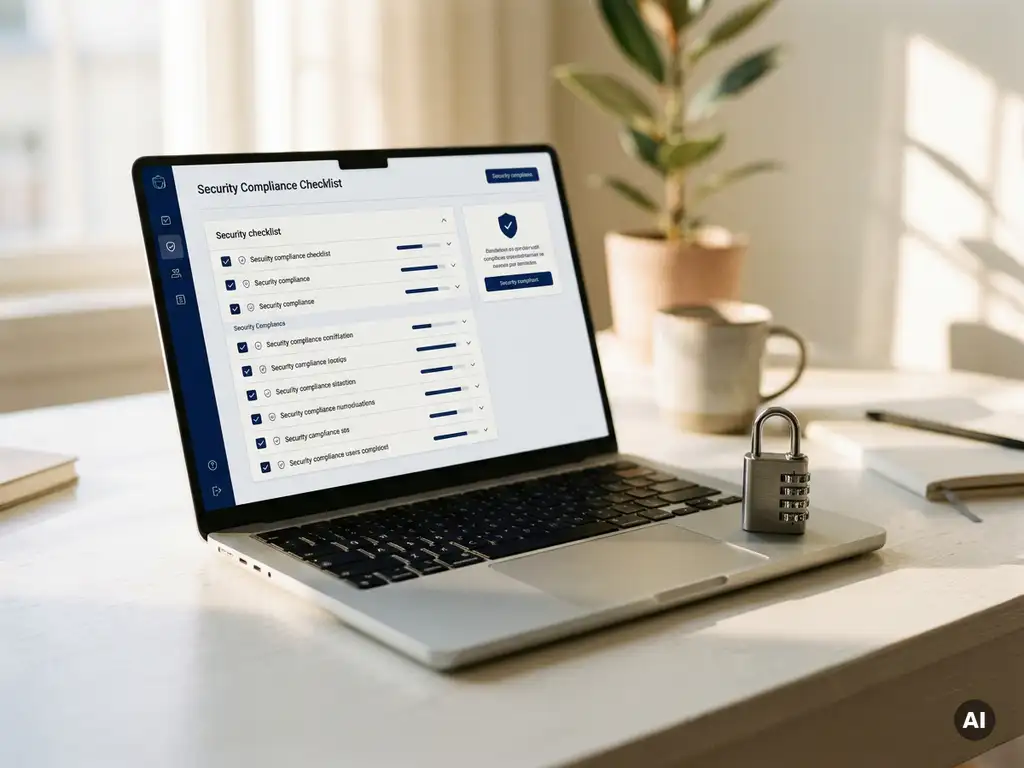 Laptop mit Sicherheits-Compliance-Checkliste auf weißem Schreibtisch, daneben ein Kombinationsschloss im weichen Morgenlicht.