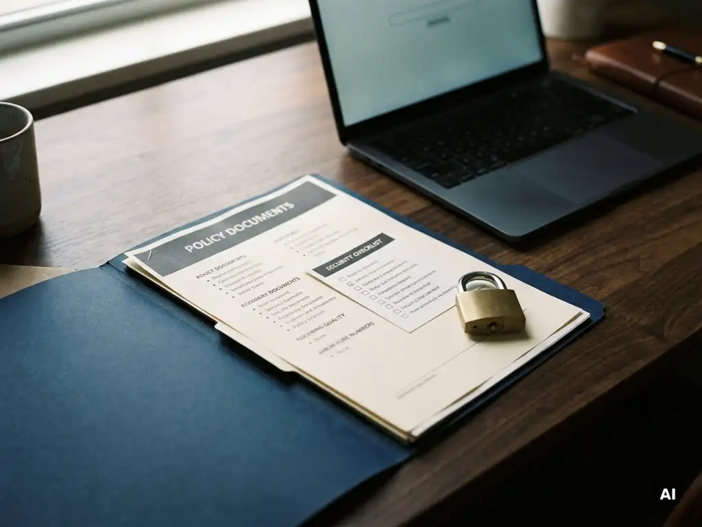 Aufgeschlagener Ordner mit Sicherheits-Checkliste und Vorhängeschloss auf einem ordentlichen Schreibtisch, Laptop im Hintergrund.