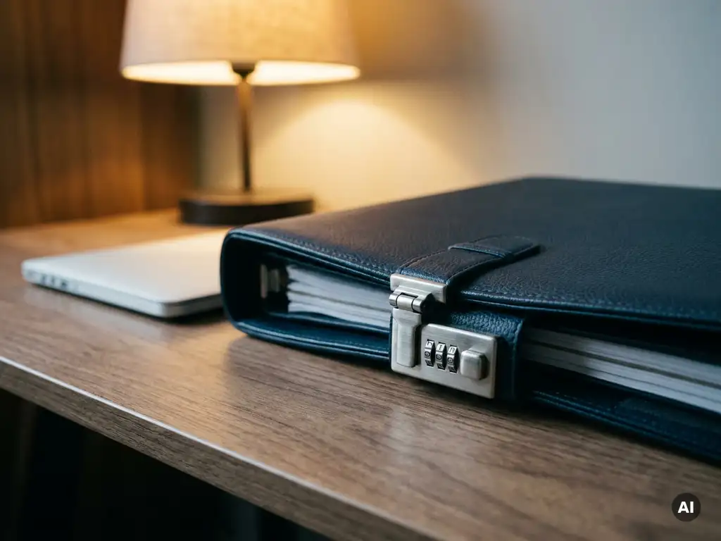 Kombinationsschloss sichert geschlossenen Ordner mit Richtliniendokumenten auf modernem Schreibtisch neben Laptop, Informationssicherheit.