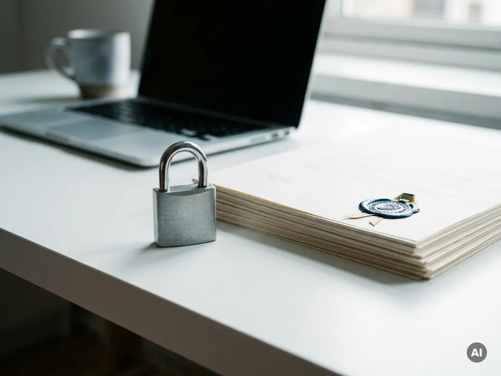 Silbernes Vorhängeschloss neben zertifizierten Dokumenten auf weißem Schreibtisch, Laptop im unscharfen Hintergrund.