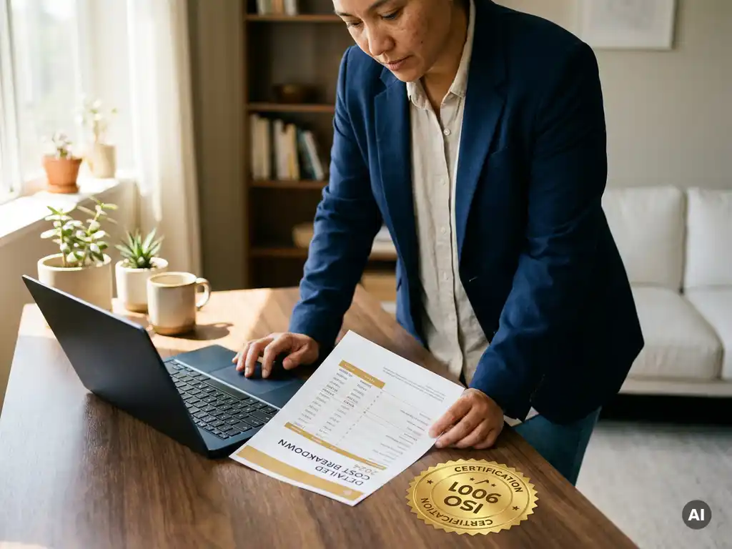 Small business owner reviewing ISO certification cost breakdown document beside a laptop, with ISO seal on a modern office desk.