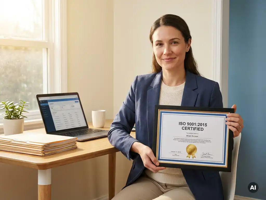 Small business owner holding an ISO 9001 certificate at a minimalist desk with laptop and organized folders in warm morning light.