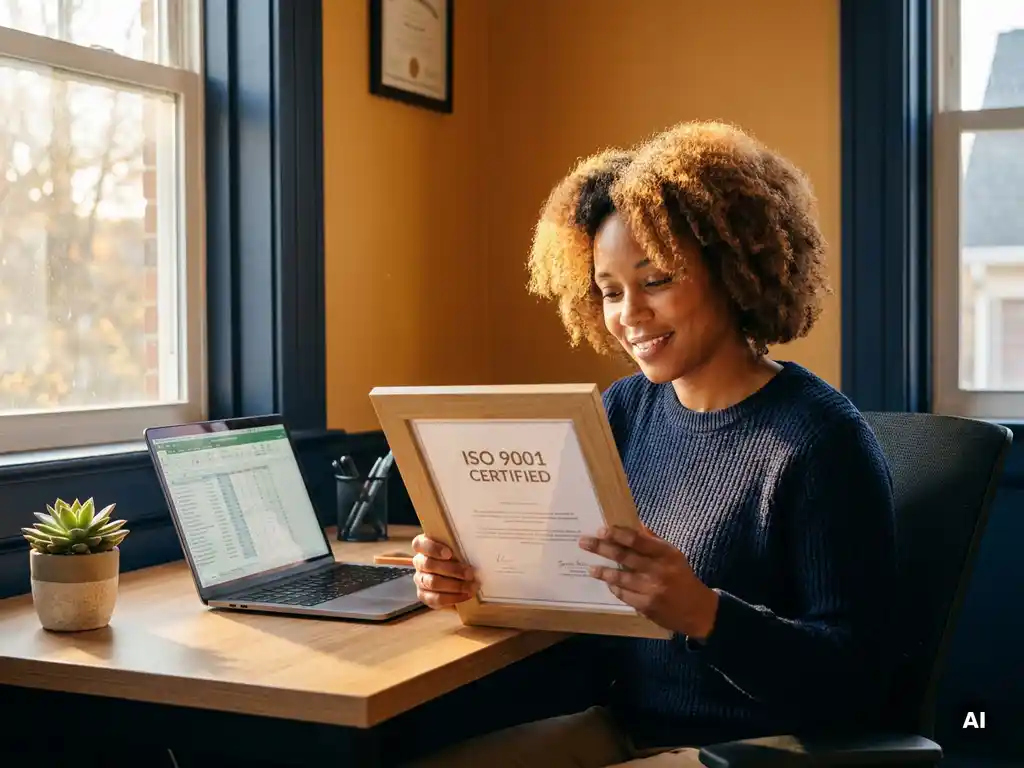 Small business owner reviewing an ISO certification document at a wooden desk, laptop open, warm golden-hour light, empowering solo workflow.