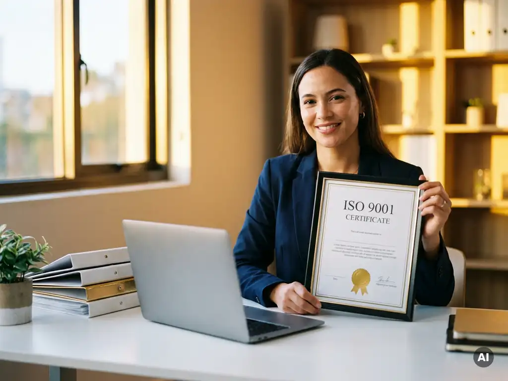 Small business owner holding an ISO 9001 certificate at a modern desk with laptop and organized folders in warm golden light.
