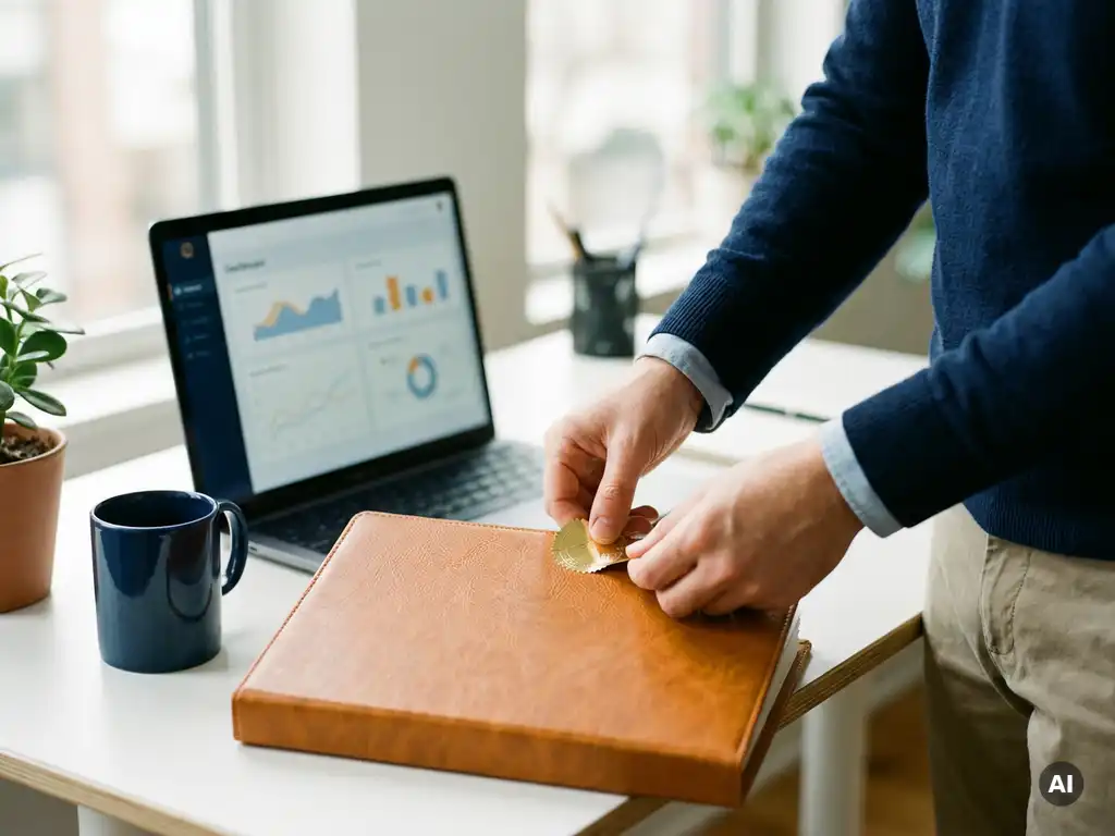 Small business owner placing an official security seal on a binder at a modern desk with an open laptop displaying a dashboard.