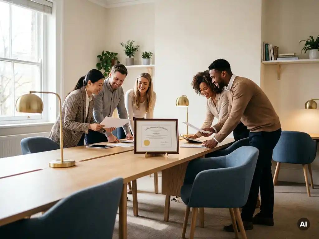 Small team of employees collaborating around a desk with a certification document displayed, bathed in warm natural window light.