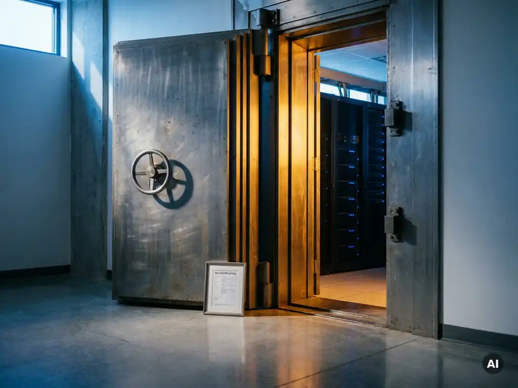 Schwere Stahltresorür leicht geöffnet mit warmem Bernsteinlicht aus modernem Serverraum, ISO-Zertifikat auf Betonboden davor.