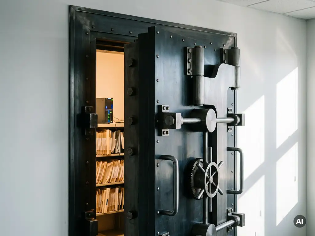 Schwere Stahltresor-Tür leicht geöffnet, dahinter geordnete Aktenordner und ein kleines Server-Rack in warmem Licht.
