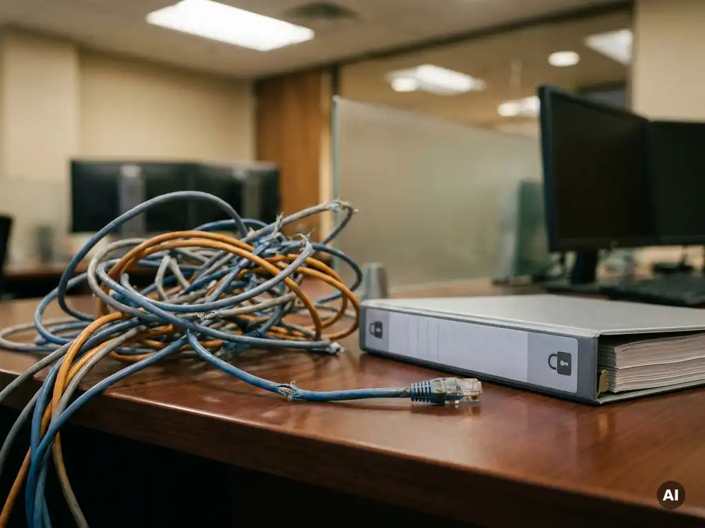 Tangled network cables with one disconnected end beside a security-labeled binder on a corporate desk.