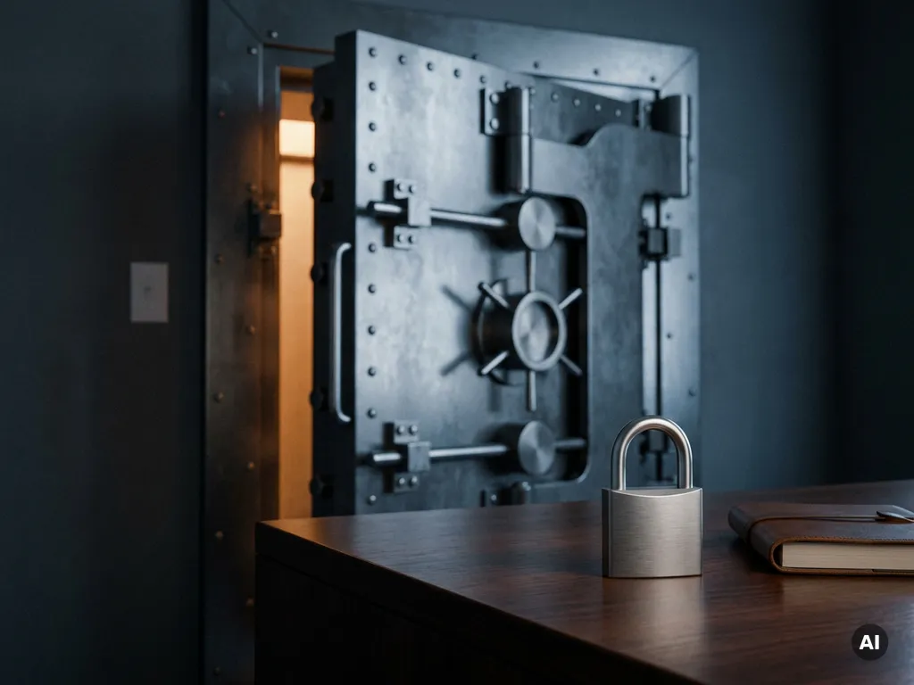 Heavy steel vault door slightly ajar with warm amber light spilling through, silver padlock on dark desk in foreground.