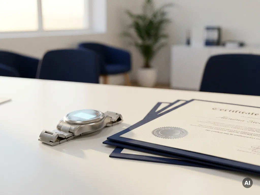 Silberne Stoppuhr auf weißem Schreibtisch neben gestapelten Zertifizierungsdokumenten, modernes Büro-Setting mit kühlem Licht.