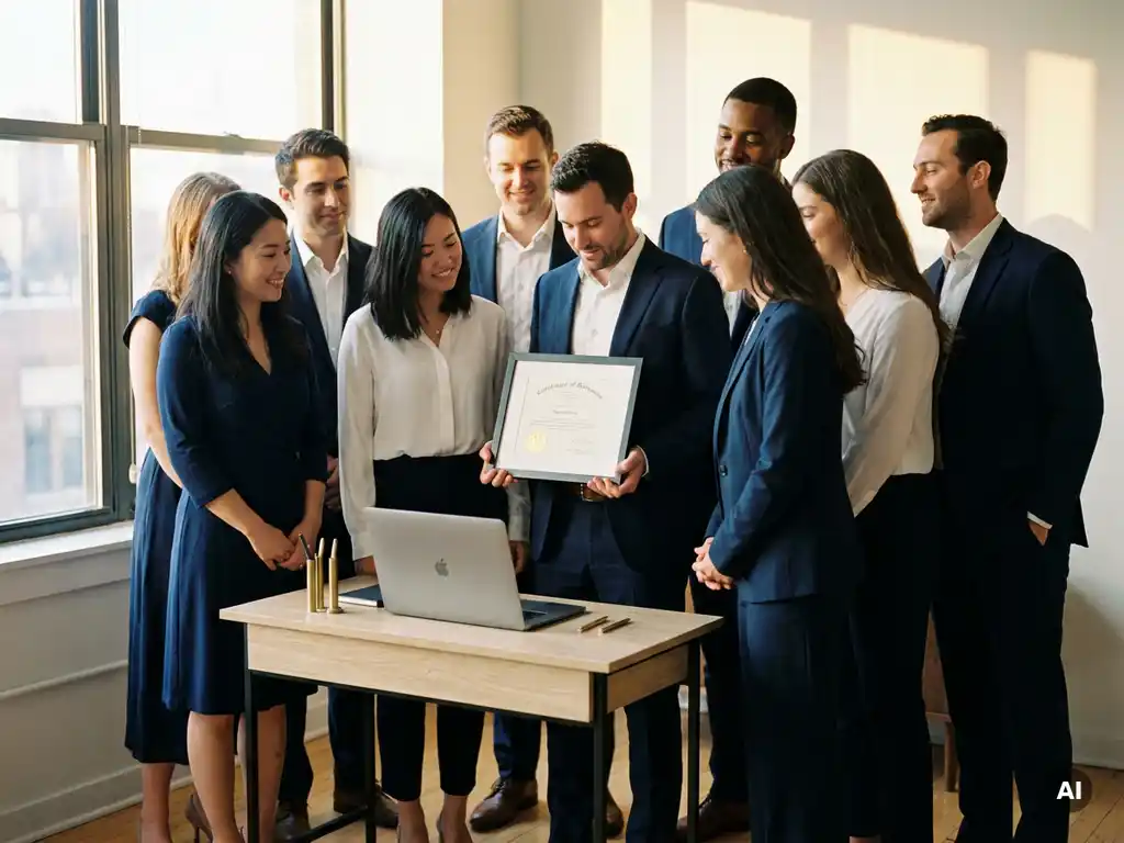 Kleine Gruppe hält offizielles Zertifikat mit Goldsiegel, Kollegen im modernen Büro mit Laptop, natürliches Seitenlicht.