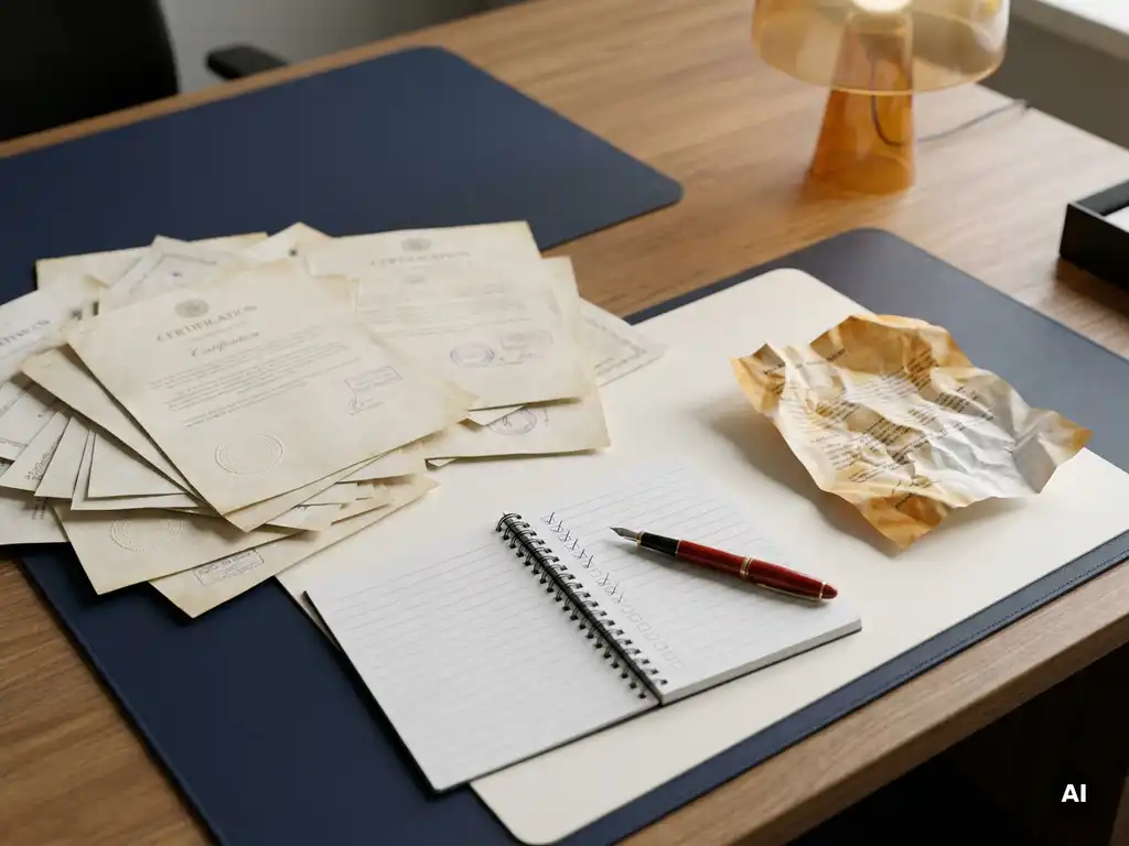 Stapel offizieller Zertifizierungsdokumente auf einem Schreibtisch, ein zerknittertes Blatt beiseitegelegt, roter Stift auf einer Checkliste.