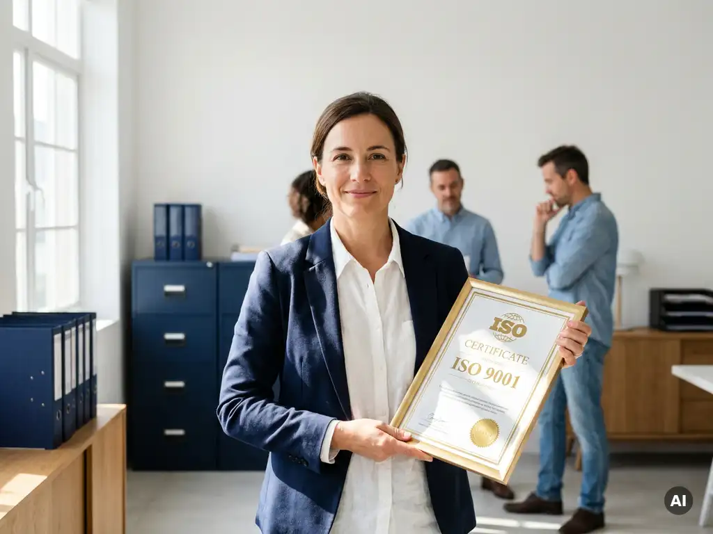 Kleinunternehmer hält ISO-Zertifikat stolz in modernem Büro, Team im Hintergrund, natürliches Fensterlicht.