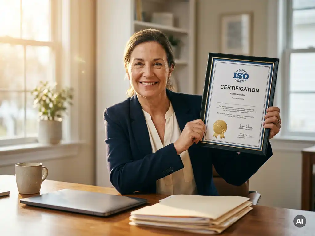Selbstständige hält ISO-Zertifikat am modernen Schreibtisch mit Laptop und Ordnern, warmes Gegenlicht, goldene Farbtöne.