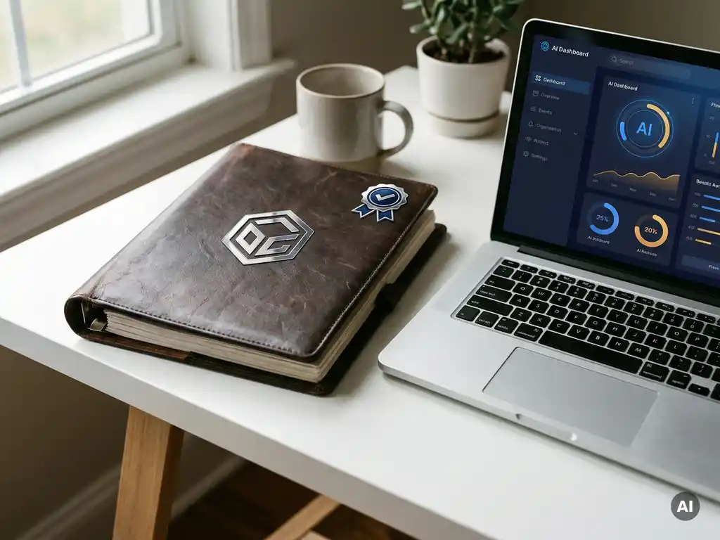 Aufgeschlagener Leder-Compliance-Ordner auf weißem Schreibtisch neben Laptop mit KI-Dashboard und geometrischem Zertifizierungssiegel.
