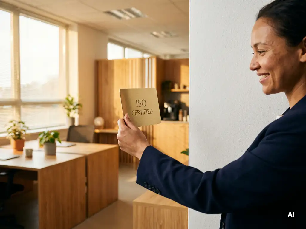 Kleinunternehmer hängt ISO-Zertifizierungsplakette in modernem Büro mit warmem Holzdekor und natürlichem Morgenlicht.