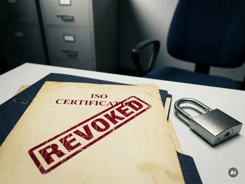 ISO certification document stamped REVOKED in red, placed beside an open padlock on a white desk, symbolizing lost information security compliance.