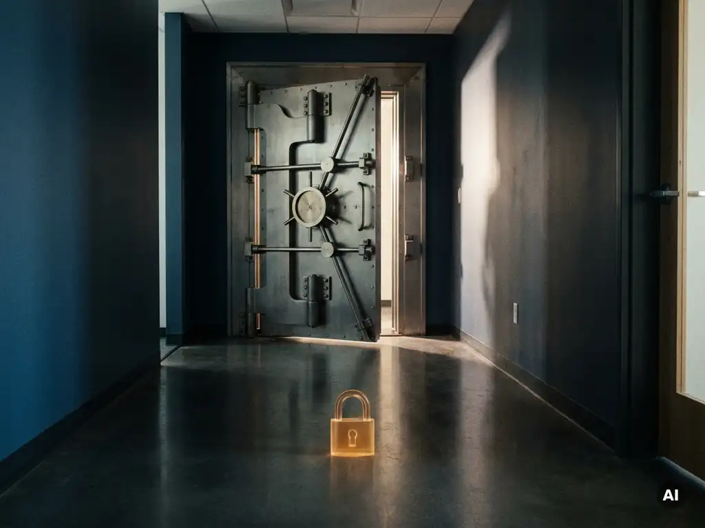 Heavy steel vault door slightly ajar in a modern office corridor, glowing amber padlock on polished concrete floor.