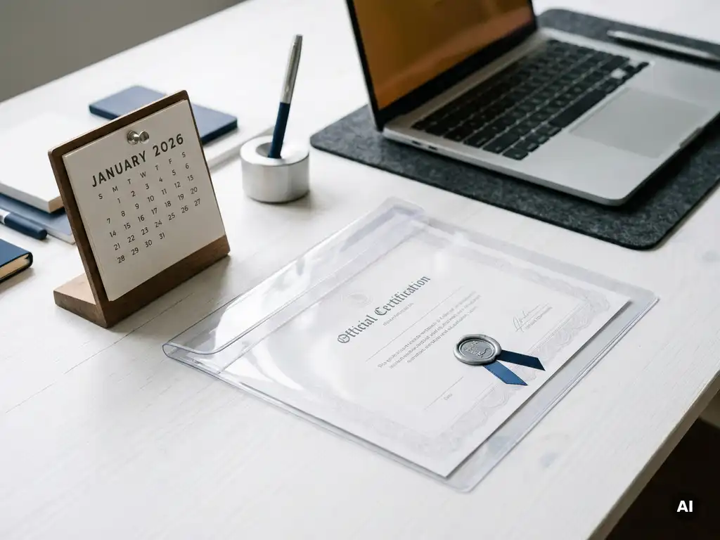 Offizielles Zertifikat in transparenter Mappe auf weißem Schreibtisch, Kalender 2026 und halbgeöffneter Laptop im Hintergrund.